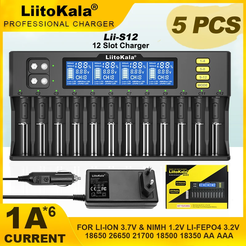 5 шт./лот LiitoKala Lii-S12 21700 9 В ЖК-дисплей для 1 2 3 8 7 IMR NiMH/Cd 18650 26650 26700 AA AAA зарядное