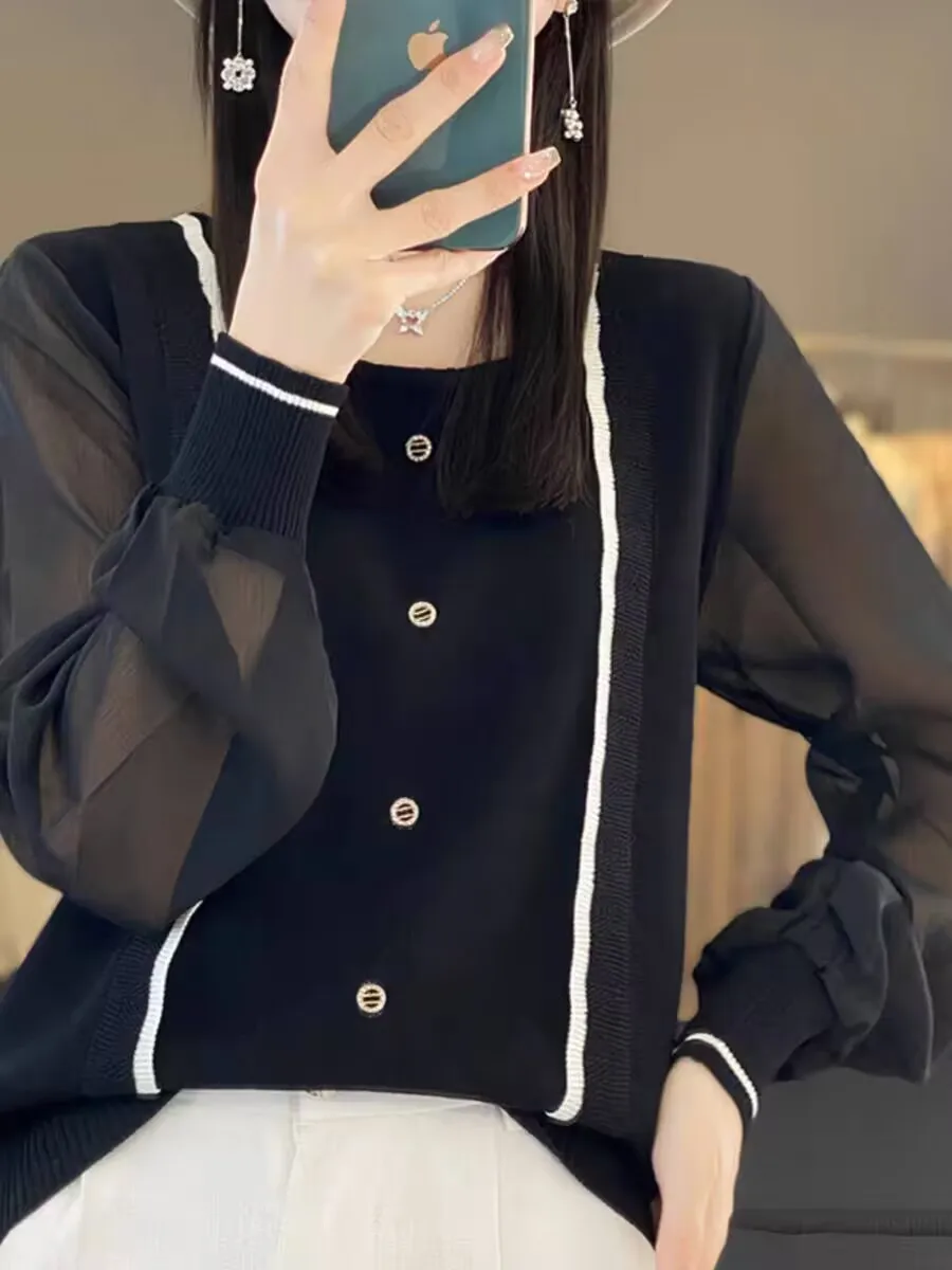 Женский шифоновый пуловер Свободный с круглым вырезом и рукавами-фонариками на