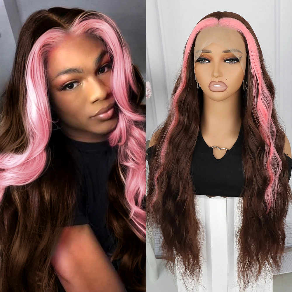 Apolaurel Pink Skunk Синтетический парик Длинный волнистый вьющийся спереди с розовыми и