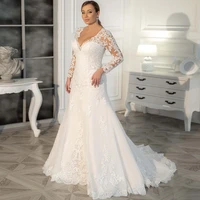 plus size lace applique tulle illusion wedding dress deep v neck a line bride dress robe de mariage