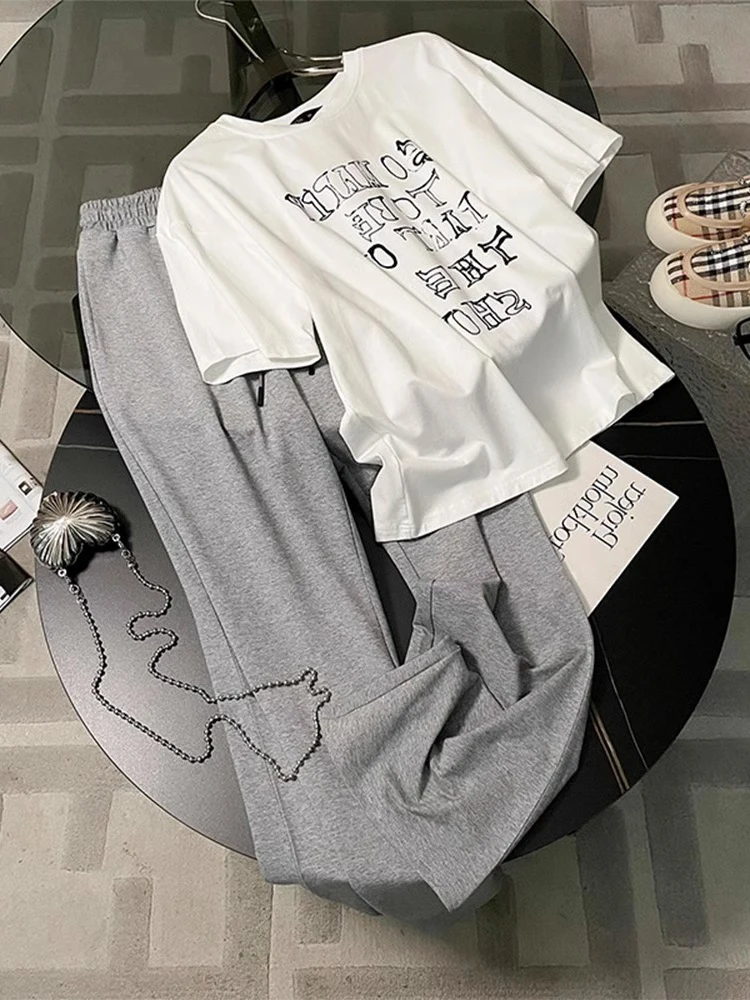 

Short Sleeved Casual Sports Pants Suit Women 2023 Summer New Loose Fashion Streetwear T Shirts Wide Leg Trousers Two Piece Sets