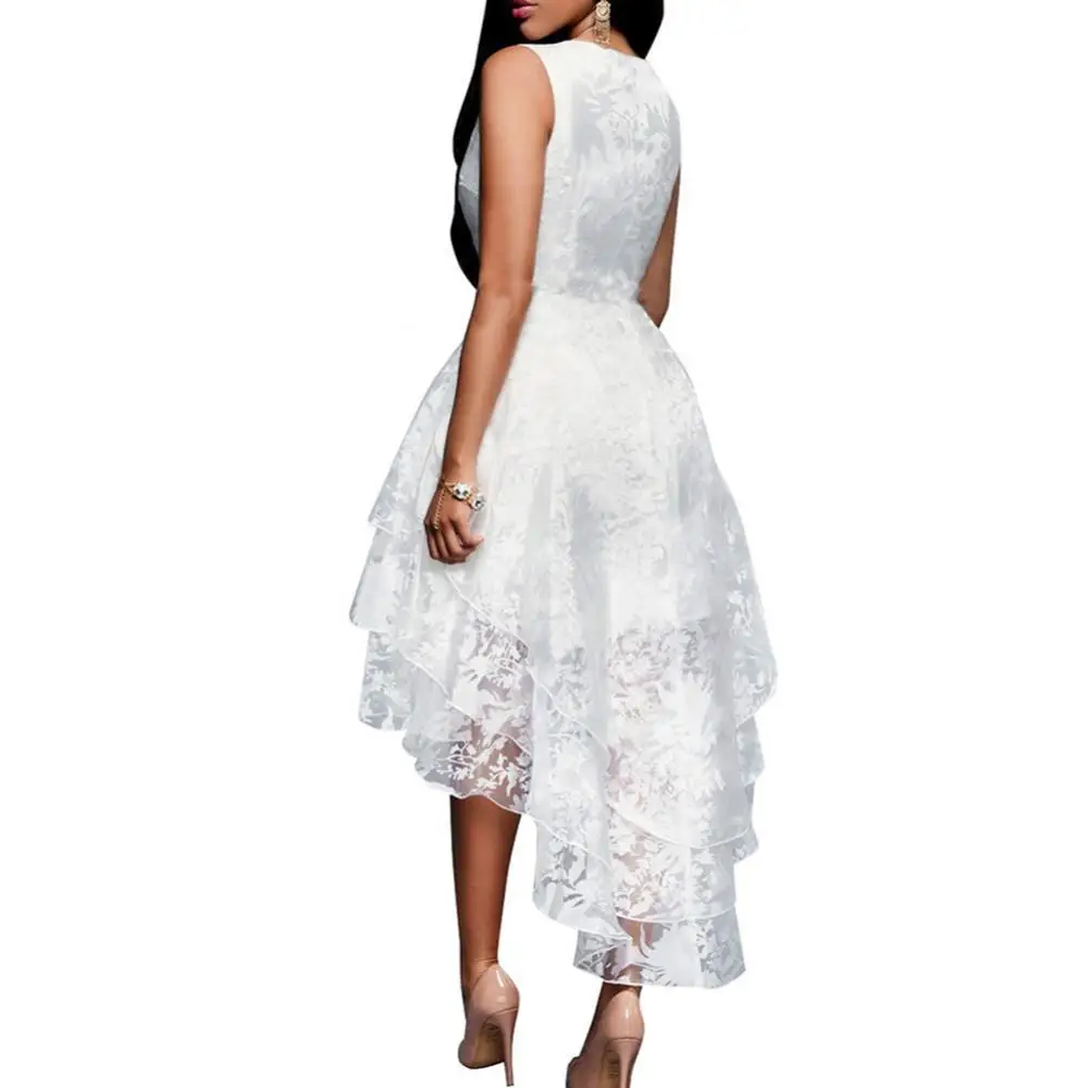 

Элегантные женские платья белого цвета без рукавов с круглым вырезом кружевной асимметричный подол трехслойное коктейльное вечерние сред...