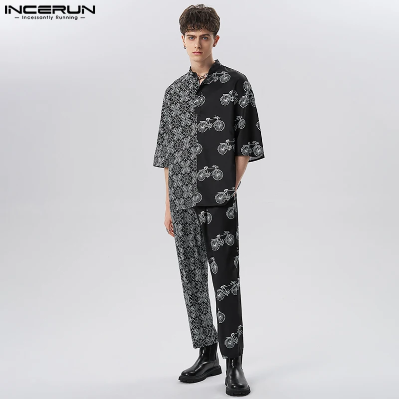 

Мужские комплекты 2023, уличная одежда в стиле пэчворк, рубашка с рукавом до локтя и брюки, комплект из двух предметов, свободные винтажные муж...