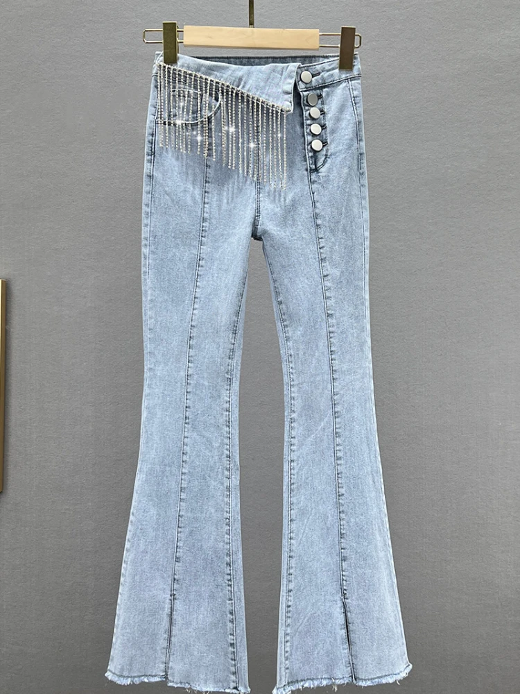 Women's Fashion Jeans 2022 New Summer Elastic High Waist Slim Skinny Denim Trousers Streetwear Diamond Tassel Jean Flare Pants