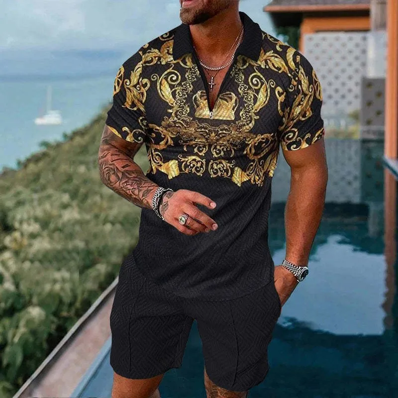 

Hawaii Vacation Tracksuit Polo Shirt 2-Piece Gold Pattern Summer Men's Beach Sports Suit Male Jogger Clothing Short Pant Set