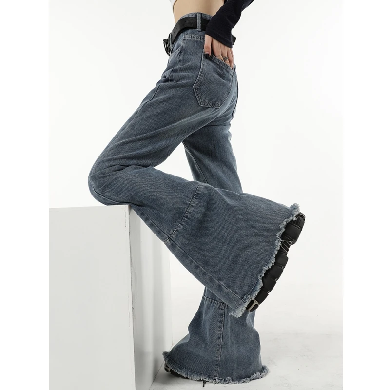 Female Denim Trouser Straight Baggy Denim Pants Vintage Blue Women Jeans Flare Pants American Fashion Street Style Wide Leg Jean