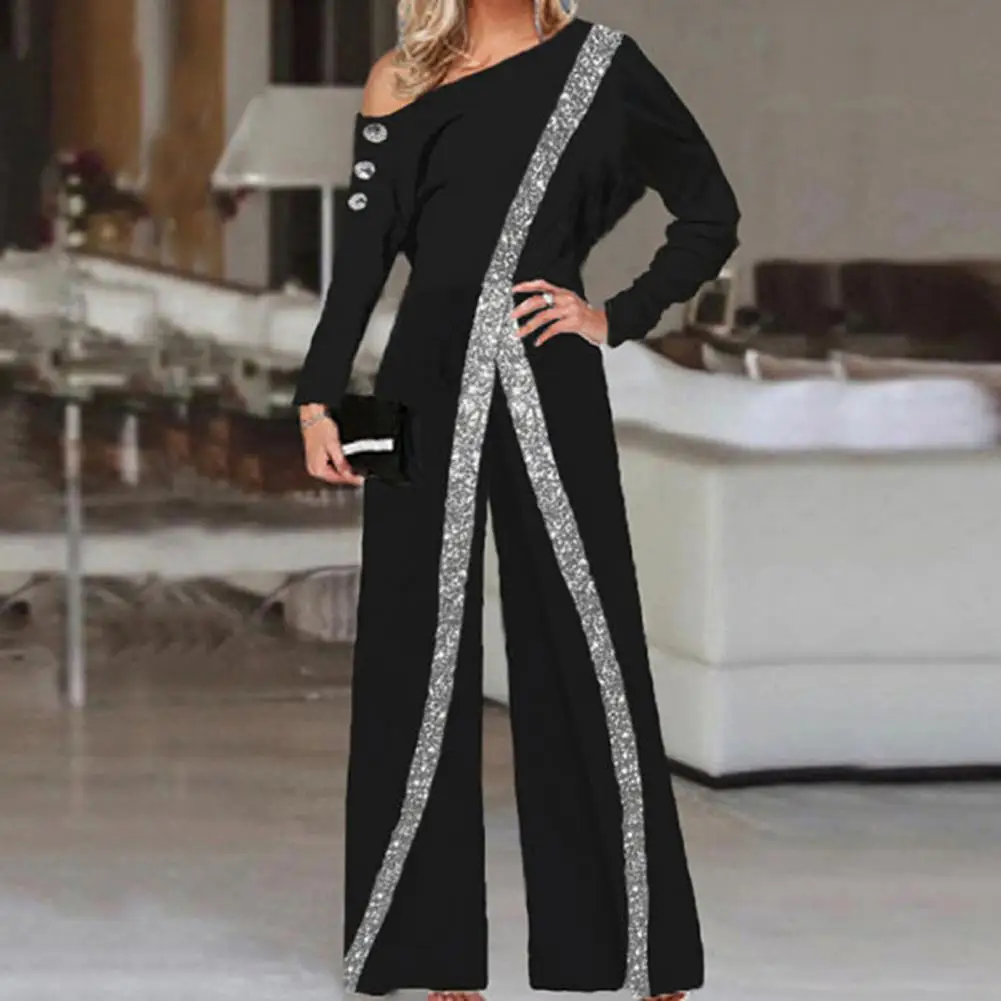 

Long Sleeve Ankle-Length Women Jumpsuit Breathable Striped Glitter Slash Neck Jumpsuit Stretchy High Waist Wide Leg Jumpsuit