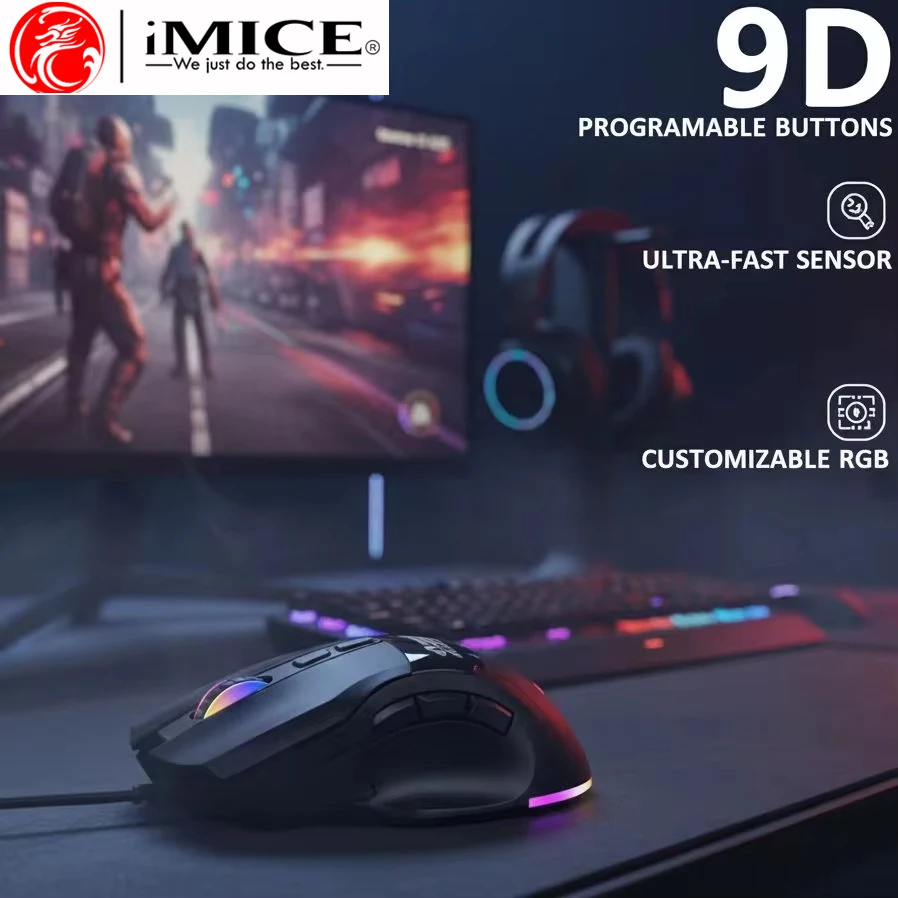 Фото Крутая RGB программируемая проводная игровая мышь с 9 кнопками, регулируемым DPI и эргономичным дизайном для ноутбука, ПК, компьютера, планшета. №5