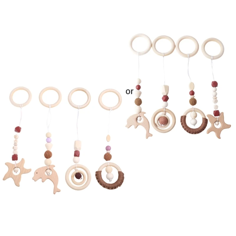 

57EE 4 Pcs/ Set Baby Beech Wooden Teether Beechwood Full Moon Gift Baby Trolley Decor