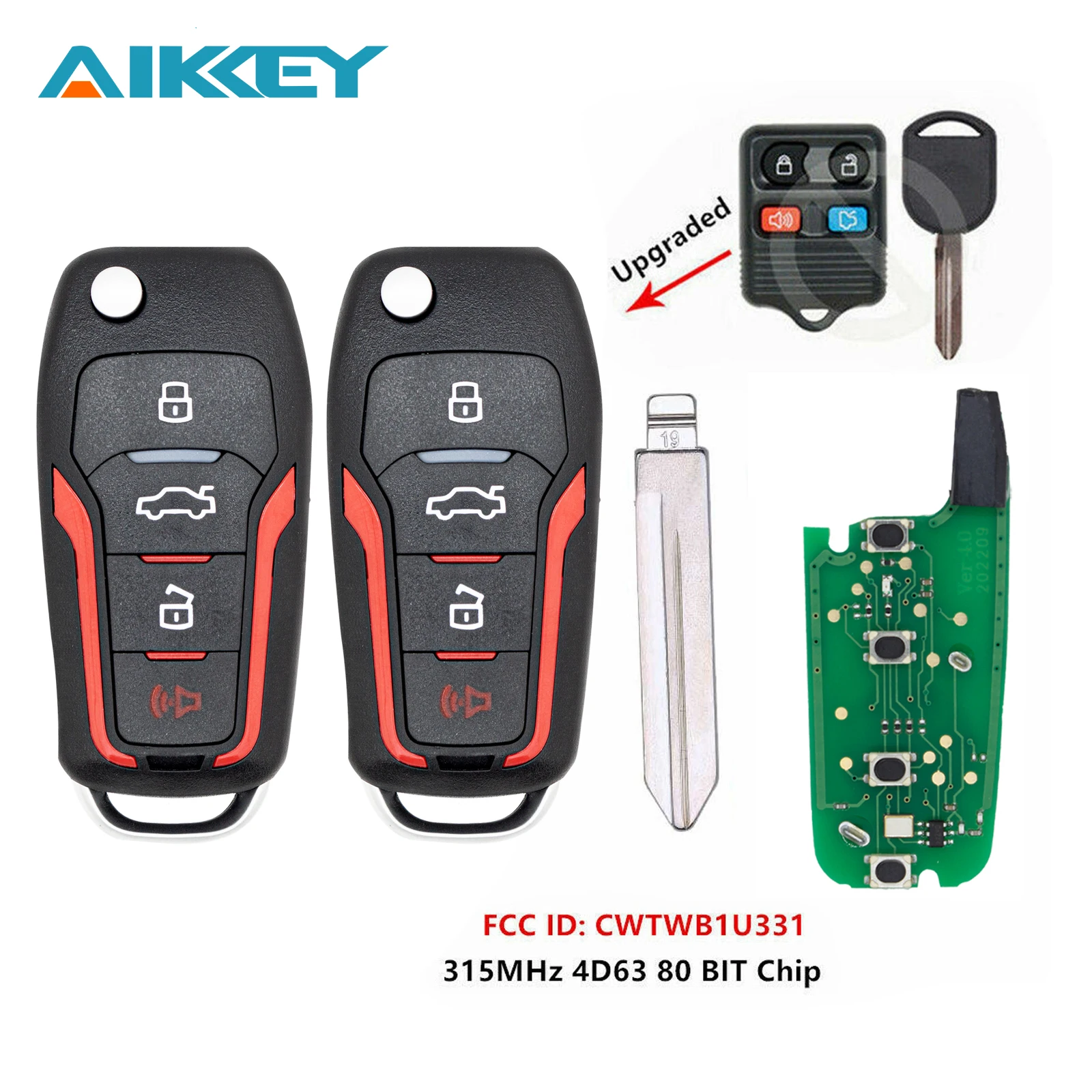 

2pcs Red for Ford 315MHZ 4 Buttons Car Remote Key Fob Modified Key with Chip CWTWB1U331 4D63/80bit Car Control Key