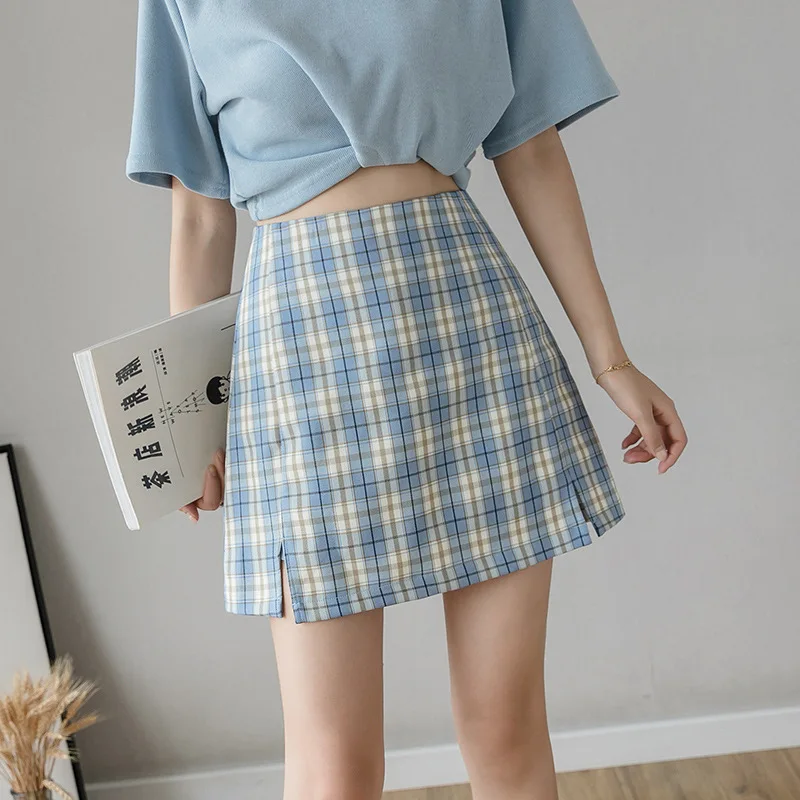 

2021 Spring and Summer Plaid Mini Skirt for Women New Casual Sweet Fresh High Waist Preppy Style Thin Side Split Shorts Skirt