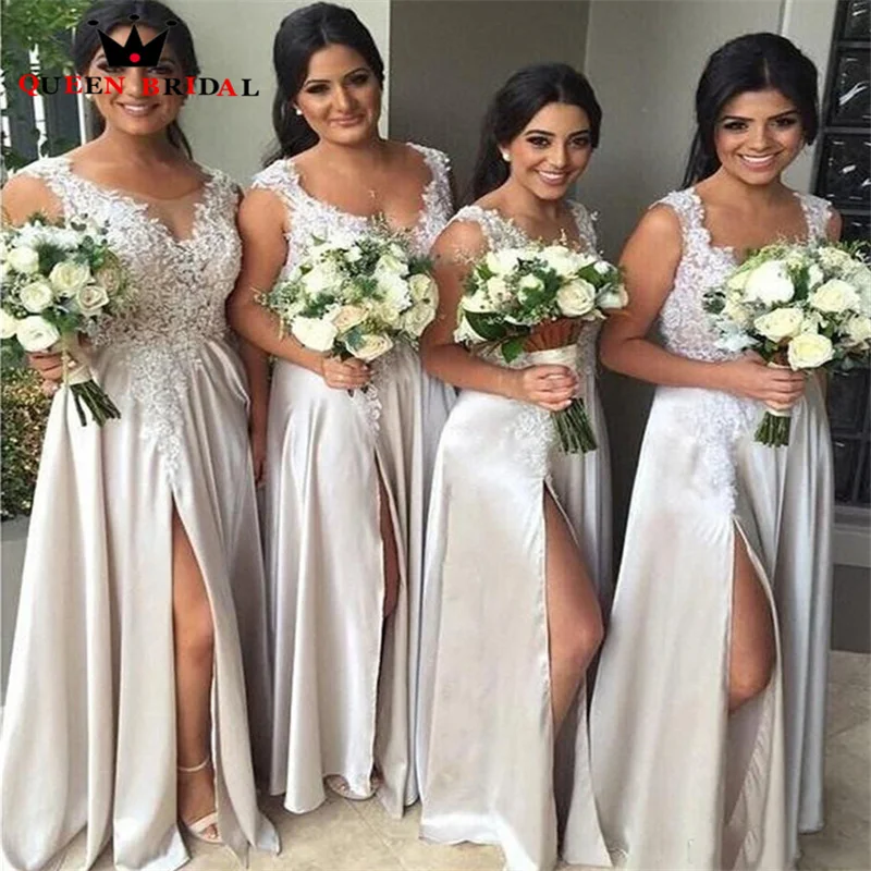 

Satin Side Split Bridesmaid Dresses Lace Appliques V Neck Wedding Party Gowns Vestido De Festa De Casamento Custom M48Q