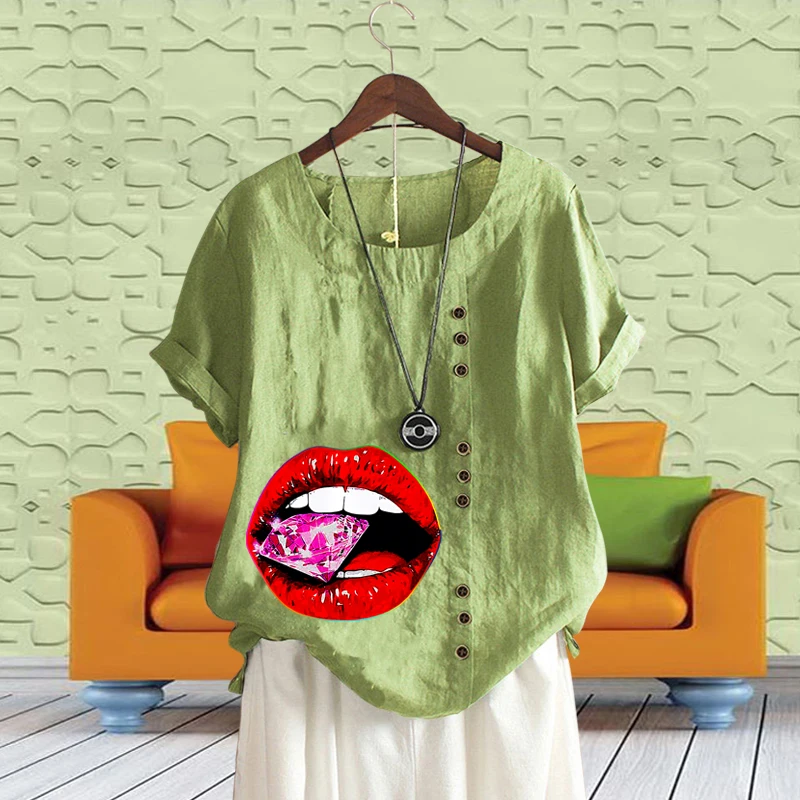 

Summer Ladies 11 Colors Shirts Leisure Creative Lips Graphic Linen Tops Vintage Round Neck Short Sleeves Loose Blouse XS-5XL