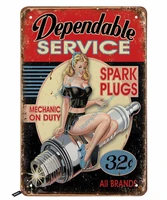dependable service tin signssexy pink up girl sit one spark plugs red black vintage metal tin sign for men womenwall decor