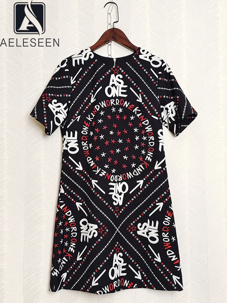 

AELESEEN Runway Fashion Summer Dress Women Black Vintage Ethnic Letters Print Beading Crystal Jacquard Mini Hliday Vacation