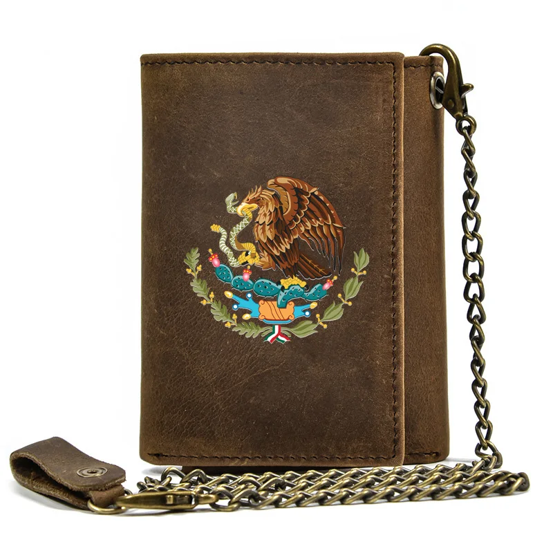 

High Quality Men Genuine Leather Wallet Anti Theft Hasp With Iron Chain Estados Unidos Mexicanos Cover Card Holder Short Purse