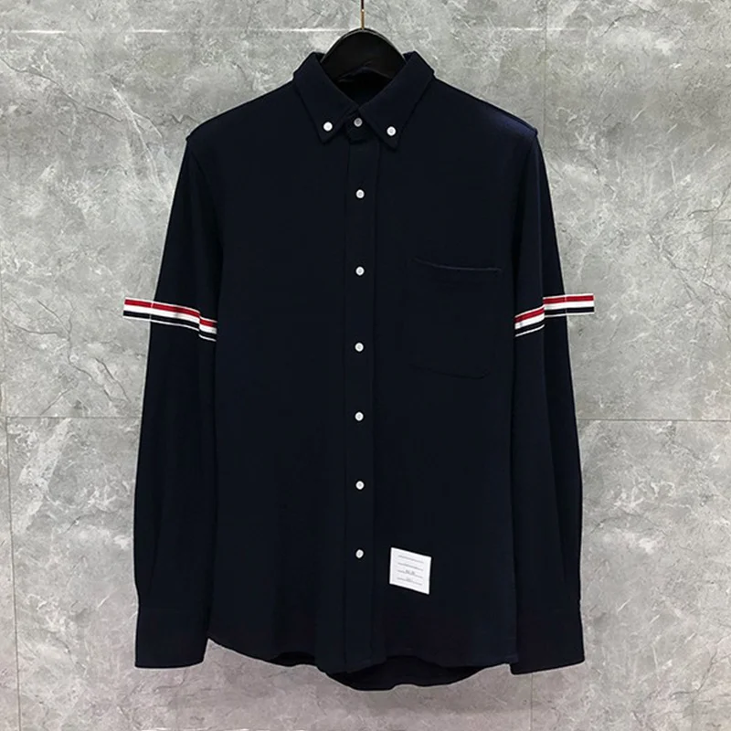 THOM Spring Autumn Fashion Brand Men's RWB Ribbon Armband Stripe Cotton PIQUE Formal Casual Wholesale TB Shirt