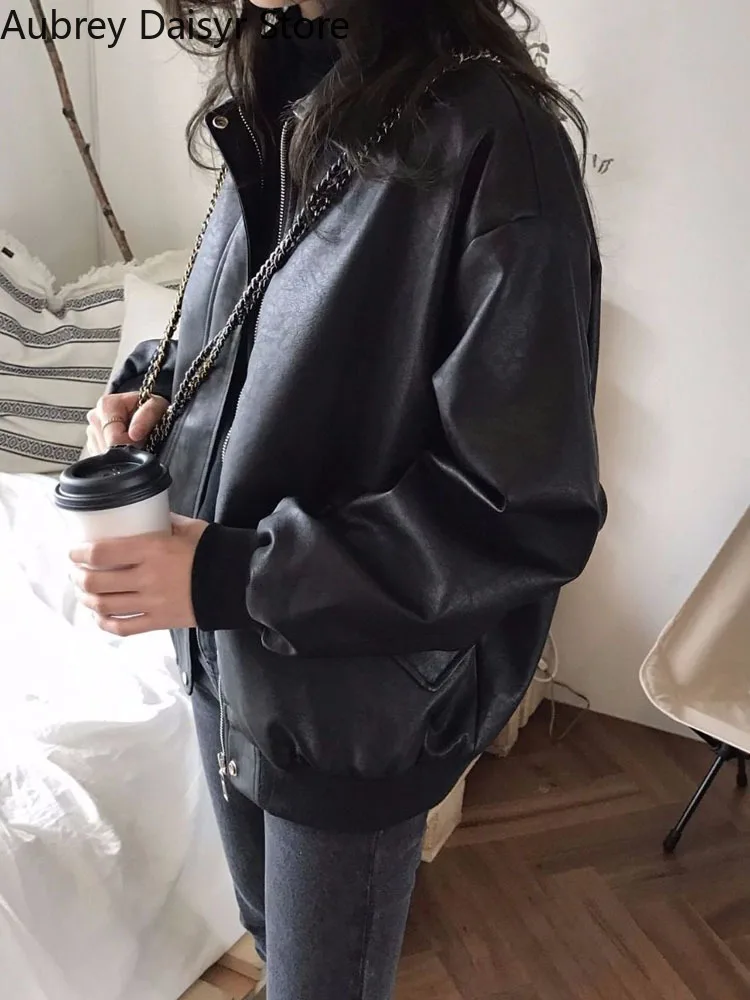 Korean Fashion Black Leather Jacket Women Outwear Moto Biker Zipper Pu Coat Winter Warm Loose Streetwear Faux Leather Jacket Y2k