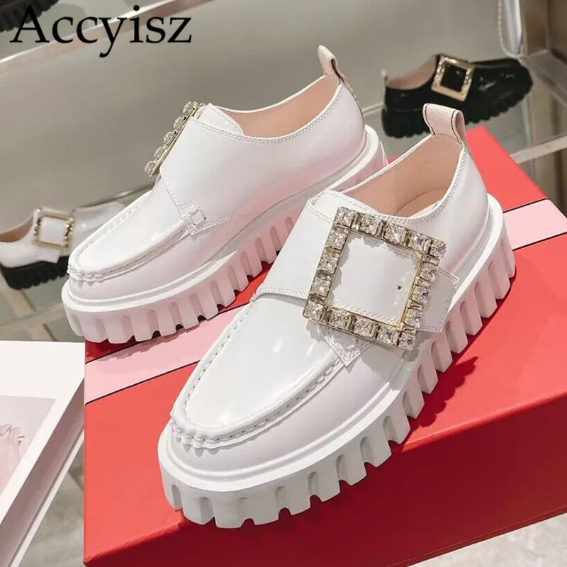 

Flat Thick Sole Crystal Square Buckle Lazy Loafer Women Patent Leather Round Toe Deep Mouth Single Shoes British Walking Shoes