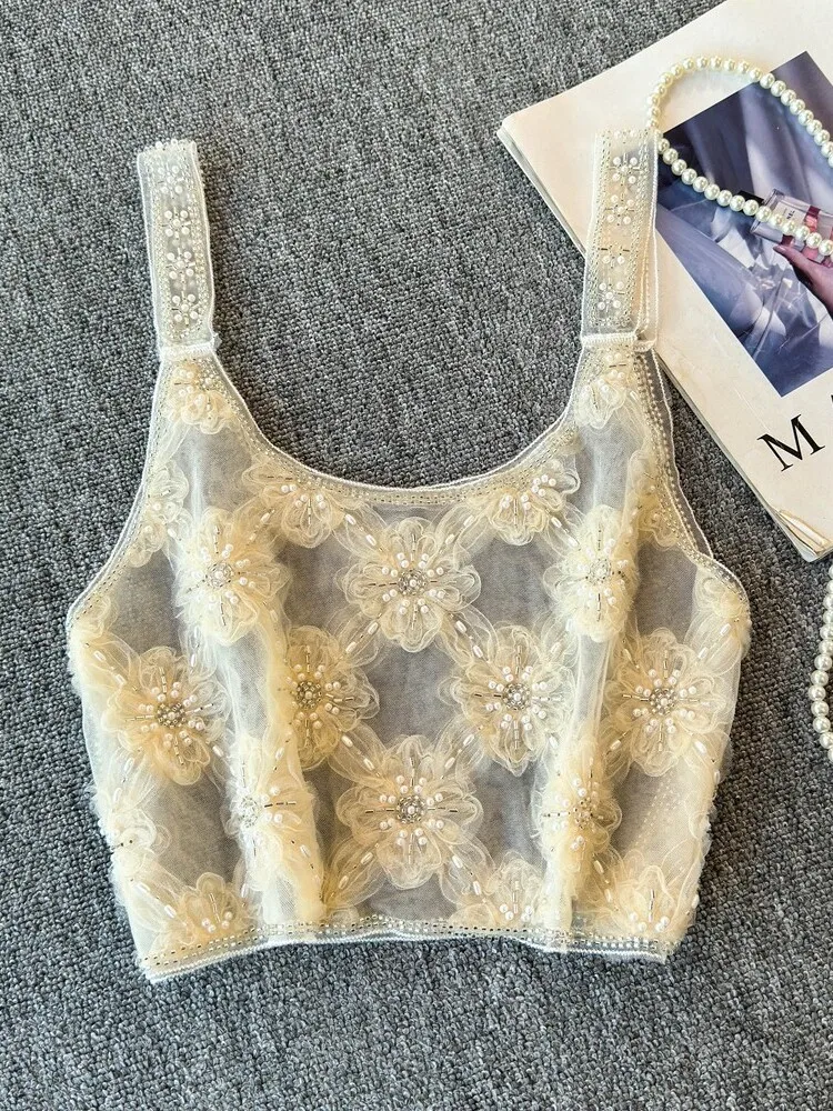 Женский блестящий топ без рукавов свободная майка с круглым вырезом и вышивкой