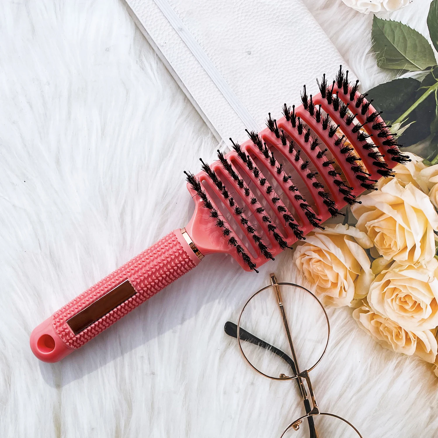 

Watermelon Red Vent Curved Detangling Comb Nylon Wild Boar Bristle Brush Woman Massage Long Curly Hair Brush Salon Hairdressing