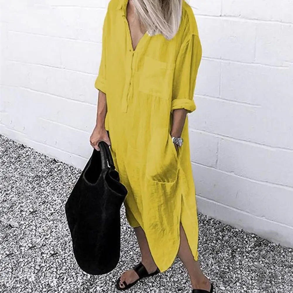 

Stylish Long Dress Lapel Slit Spring Summer Temperament Pure Color Dress