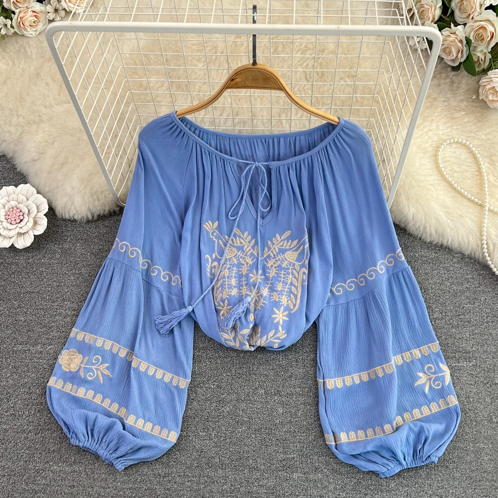 

Весенний винтажный вышитый пуловер с V-образным вырезом, рубашка, Свободный Топ с рукавами-фонариками