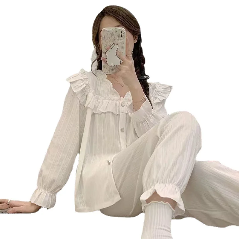 New Pajamas for Women Spring Pure White Suit This Cute Princess Style V-neck Cardigan Cropped Pants Comfortable Home Casual Wear