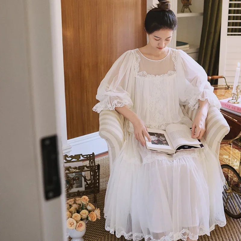 Белая сетчатая ночная рубашка весна-лето Повседневная Длинная Ночная одежда для