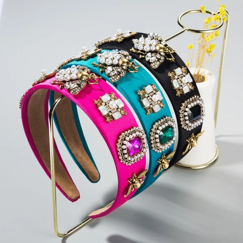 

Korean Creative Baroque Headband with Rhinestones Pearl Headband Bee Colorful Fabric Garland Headdress Bridal Headband
