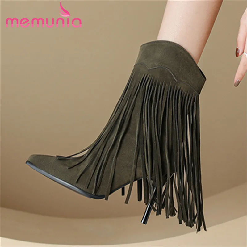 

MEMUNIA 2023 Новинка, большой размер 34-48, ботильоны на молнии с бахромой, синтетические зимние сапоги для женщин, женские толстые плюшевые зимние ...