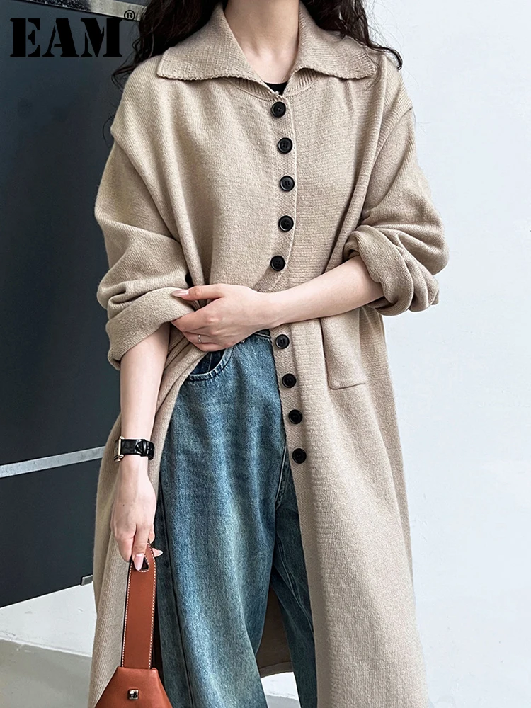 

[EAM] коричневый вязаный кардиган большого размера, свитер, свободный крой, отворот, длинный рукав, Женская Новая мода, весна-осень 2023 1DH1338