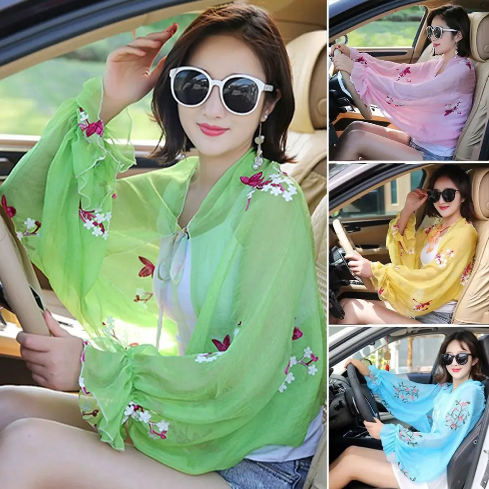 

Casual Arm Warmers Embroidered Floral Driving Scarf Beach Shawl Long Shirt Sun Protection Sleeves
