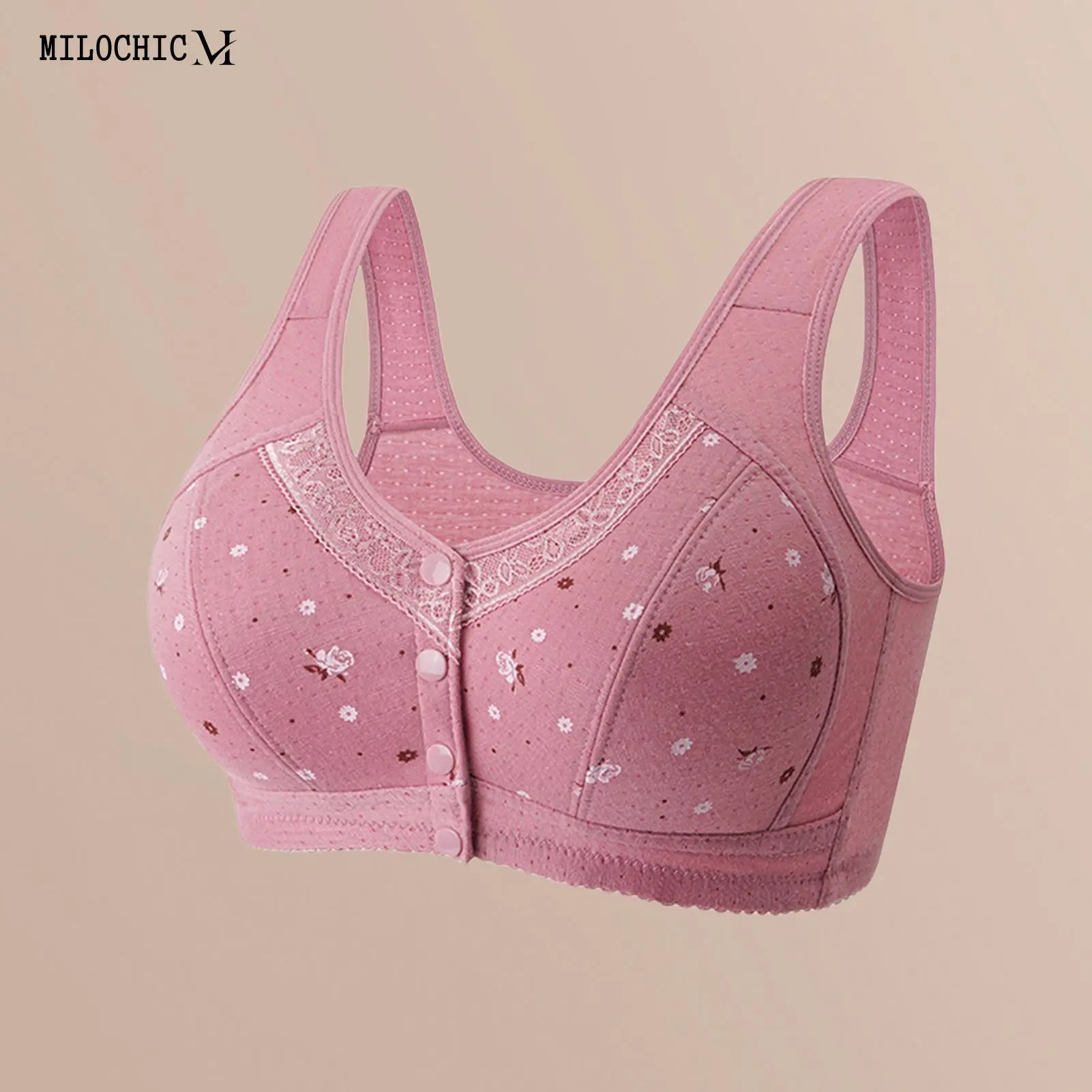 

Women Printed Underwear Lace Patchwork Ladies Wide Straps Undershirt Front Buckle Without Steel Ring Solid Color Loungewear Suit