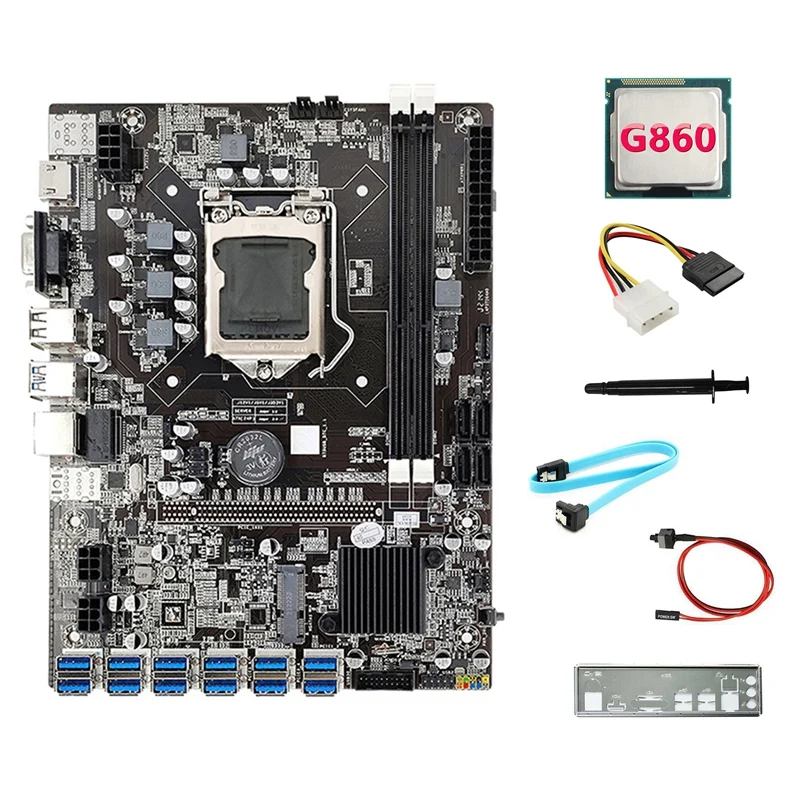 B75 12USB ETH Mining Motherboard+G860 CPU+4PIN IDE To SATA Cable+SATA Cable+Switch Cable+Baffle+Thermal Grease For BTC enlarge