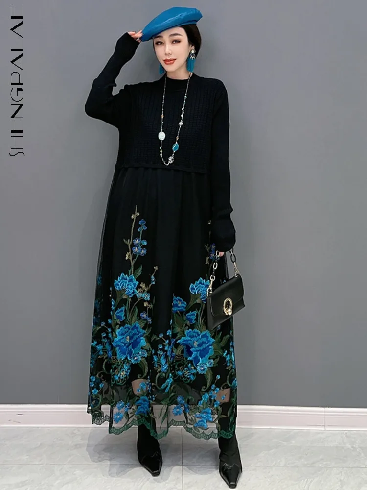 

SHENGPALAE Knitted Splice Mesh Dress For Women Embroidery Versatile Long Sleeve Vestido 2023 Spring Korean New Arrivals 5R1015