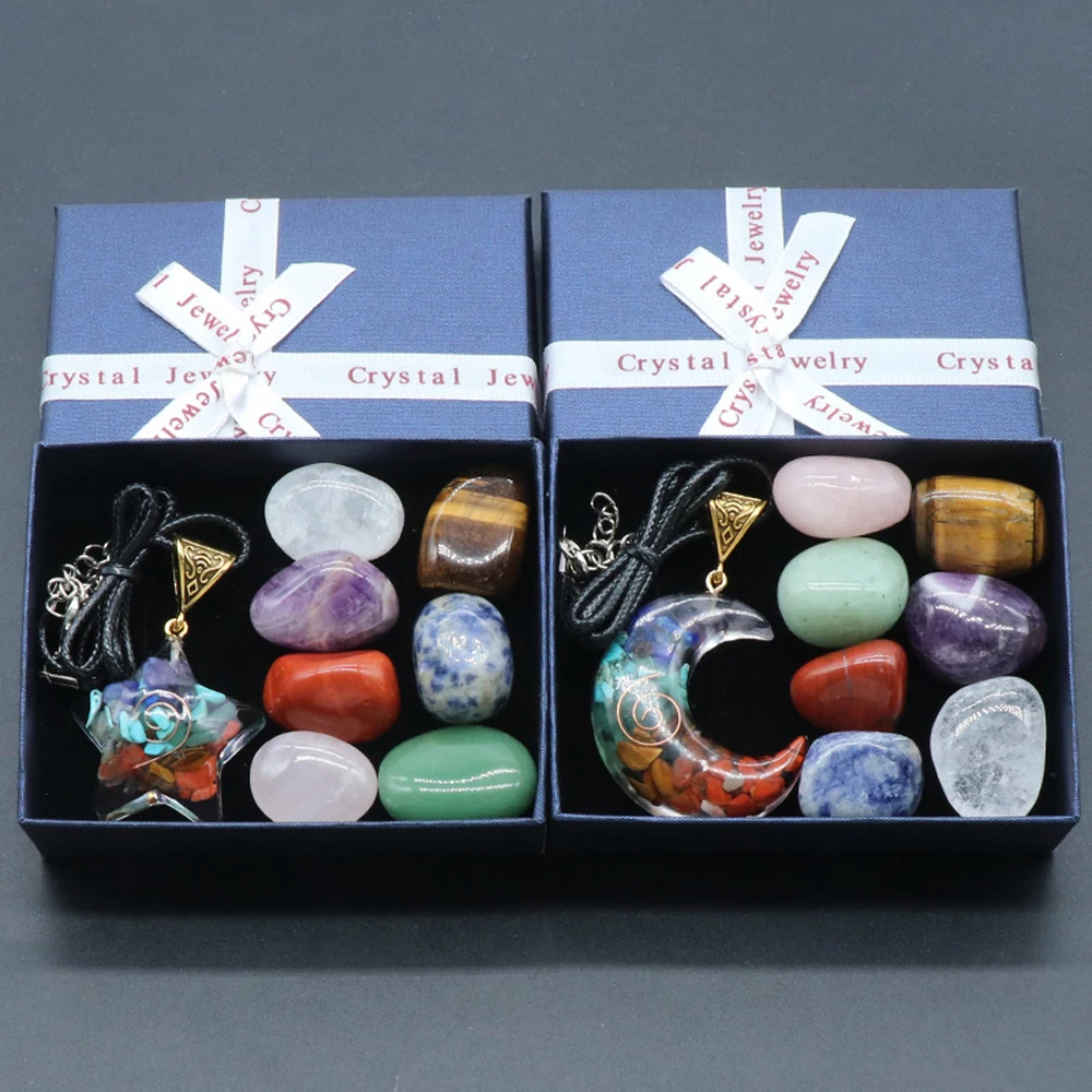 

2 Style 7 Chakras Irregular Polished Stone Box Moon Star Resin Necklace Energy Mineral Gravel Turquoise Amethyst Gems Home Decor