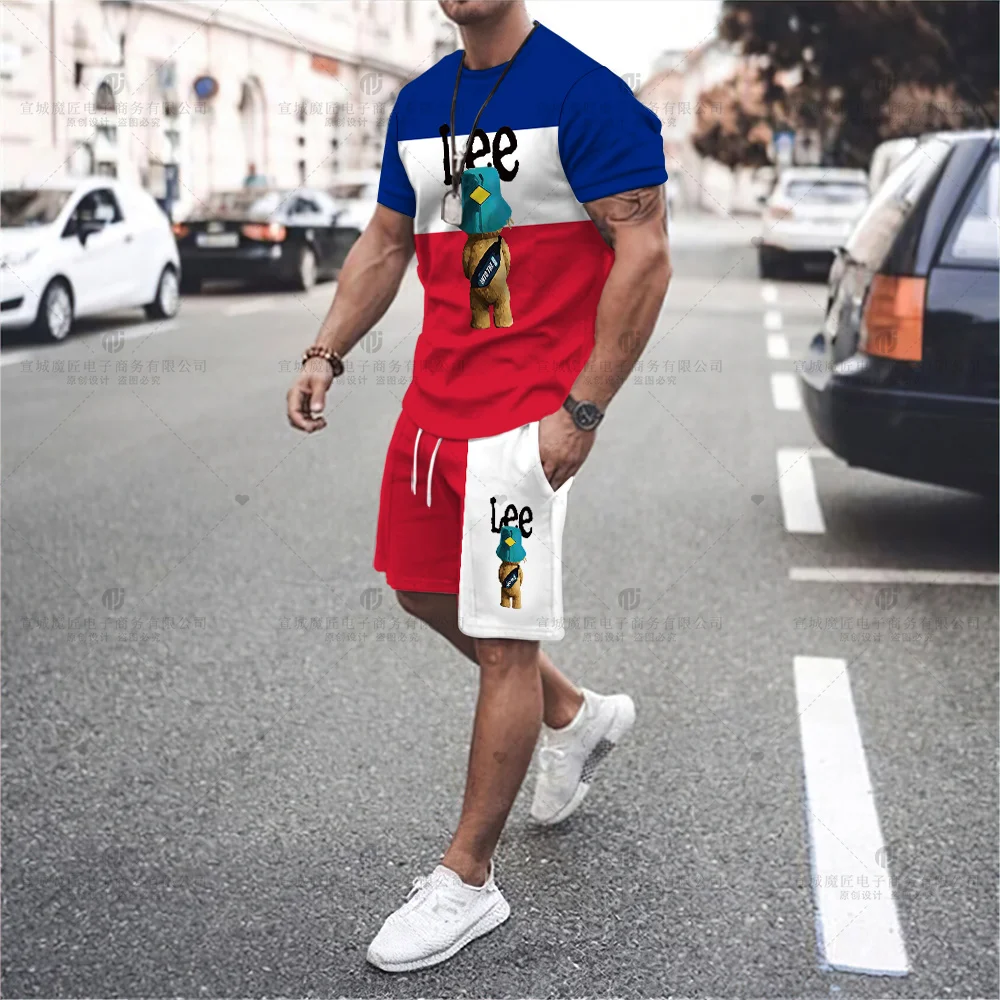 Summer 2023 Luxury Brand Men's T-shirt Shorts Oversized Short-Sleeved Cartoon Bear Print Casual Loose Top Shorts Two-Piece Set