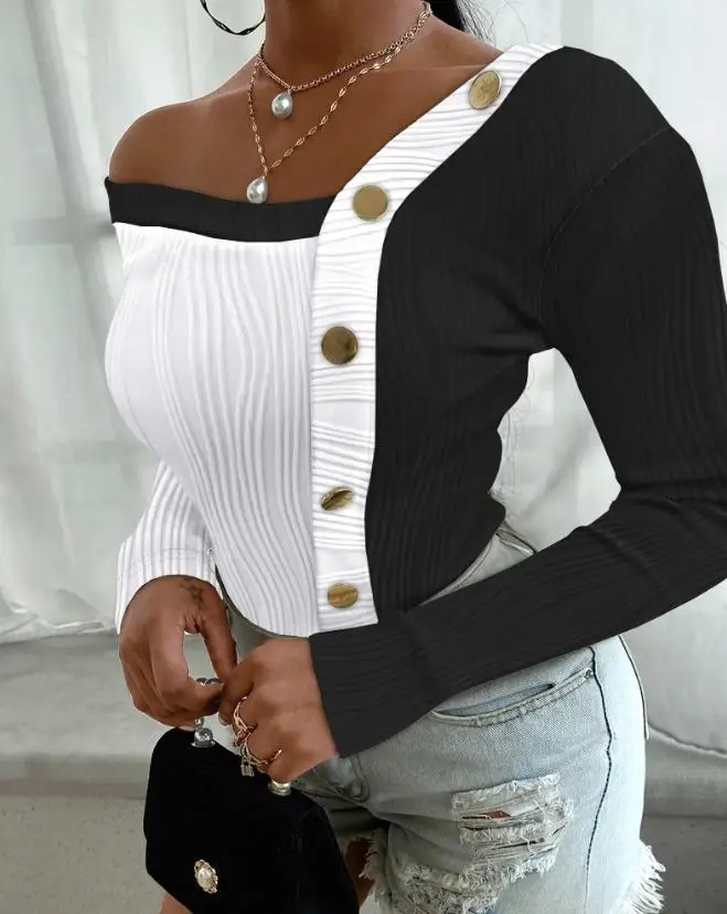 

Fashion Woman Blouses Shirt Colorblock Asymmetrical Neck Buttoned Textured Top 2023 Autumn Winter Spring Fashion Casual