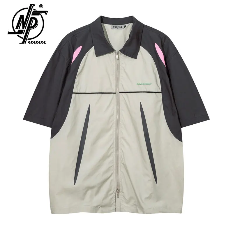 

Patchwork Letter Print Short Sleeve Shirts Mens Summer Streetwear Racing Drop Shoulder Half-Sleeve Lapel Loose Shirt Punk Unisex