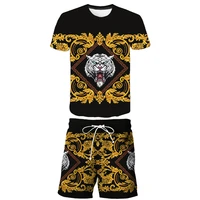 summer vintage tiger printing 2 piece sets tracksuit mens oversized clothes retro beach style t shirts men suit tshirt shorts
