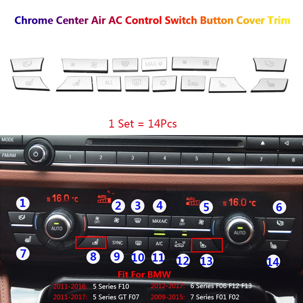 

14Pcs Car Center Control Air Condition AC Switch Button Cover Trim For BMW 5 6 7 GT F10 F07 F01 F02 F06 F12 F13 Interior Sticker