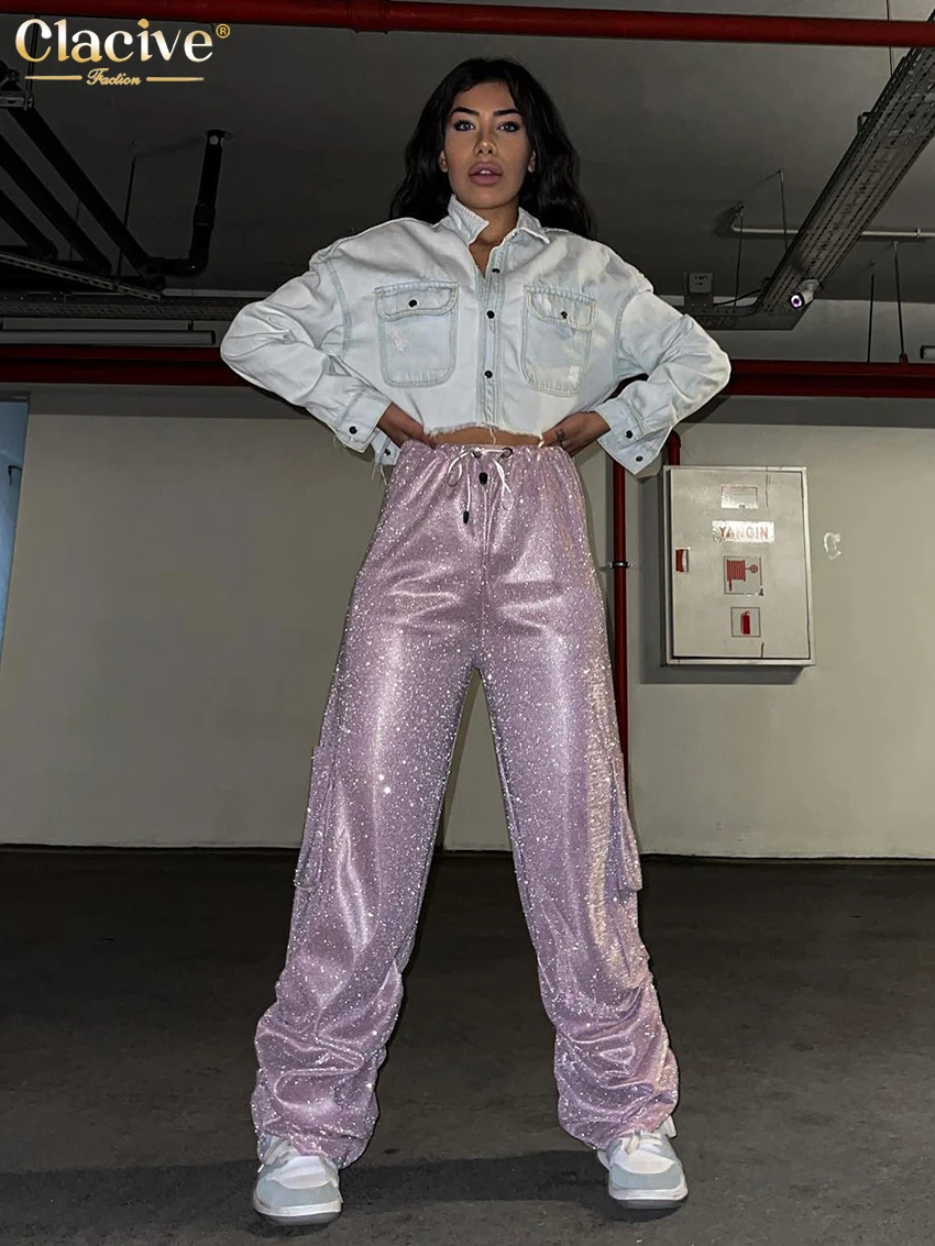 Clacive Fashion Sliver Glitter Women'S Pants 2023 Elegant High Waist Full Length Cargo Pants Streetwear Loose Lace-Up Trousers