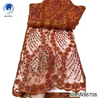 latest african burnt orange net lace french sequin fabric 2022 embroidery mesh nigerian tulle lace fabrics 5 yards ml5n967