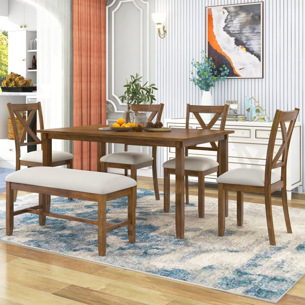

Набор из 6 предметов кухонного обеденного стола, деревянный прямоугольный обеденный стол, 4 матерчатых стула и скамейка, семейная мебель (НАТУРАЛЬНАЯ вишня)