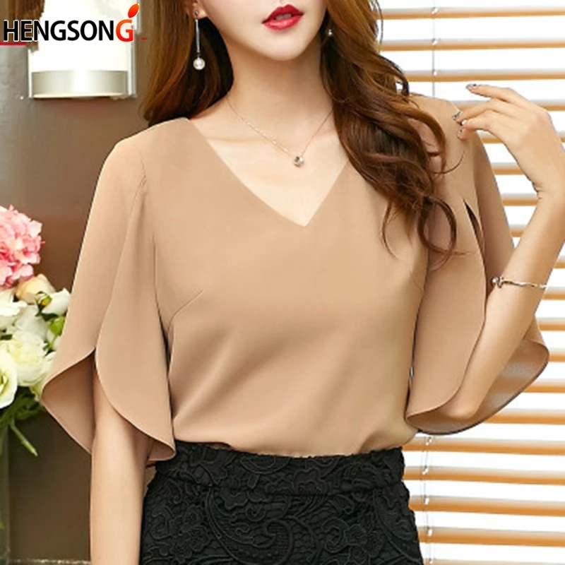 

New Women Summer V Collar Blouse Shirt Top Chiffon Ruffle Half Sleeve Sleeve Split Hollow Casual Loose Elegant Blouses Blusas