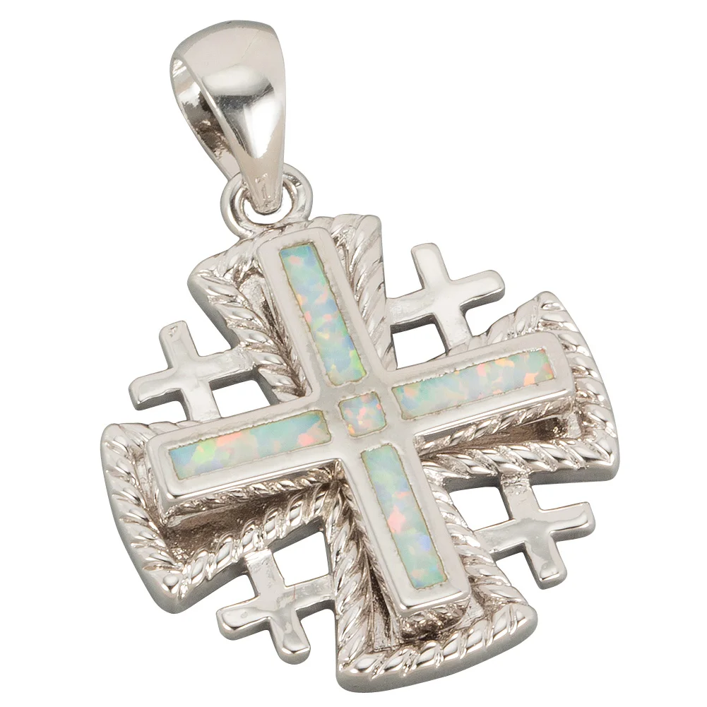 

KONGMOON Jerusalem Cross White Fire Opal Silver Plated Jewelry for Women 3D Pendant for Necklace