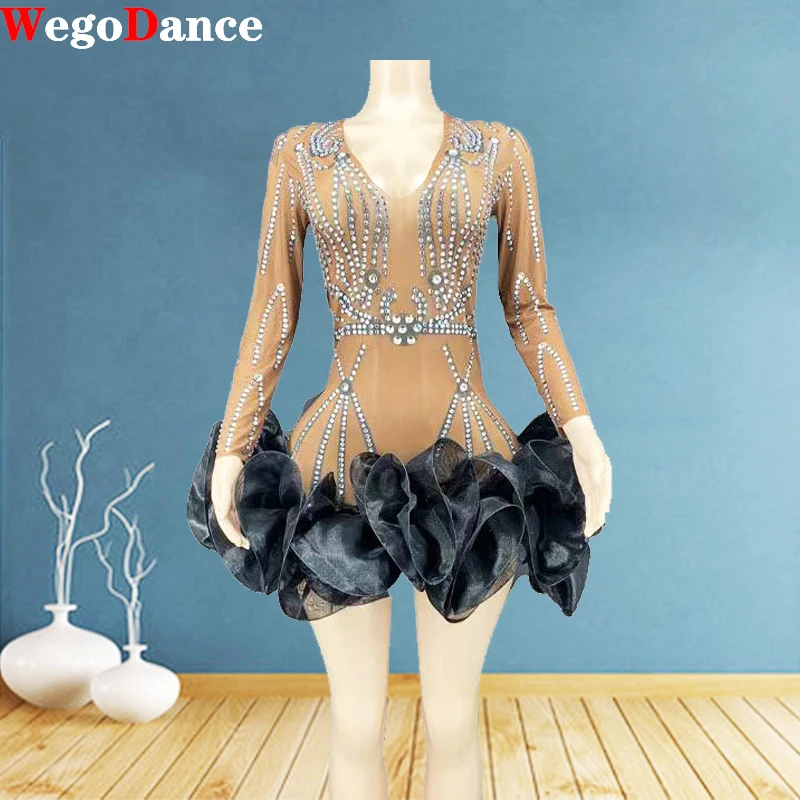 

New Sexy Mesh Brown Mesh Sparkly Rhinestone Mini Women Dance Costume
