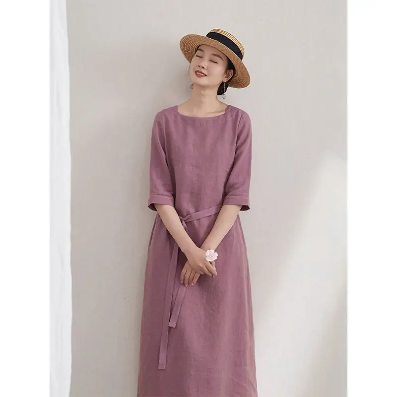 

Linen Maxi Dress Summer Women's Clothing Retro Cotton and Linen Korean Fashion Loose Harajuku Dress French Solid Color Belt New