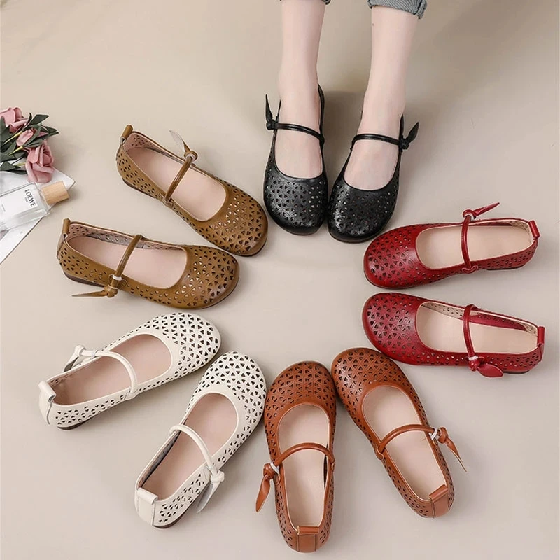 

Xiuteng 2023 Summer Mom Cowhide Leather Moccasins Woman Slip On Flat Shoes Designer Breathable Hollow Out Ballet Flats